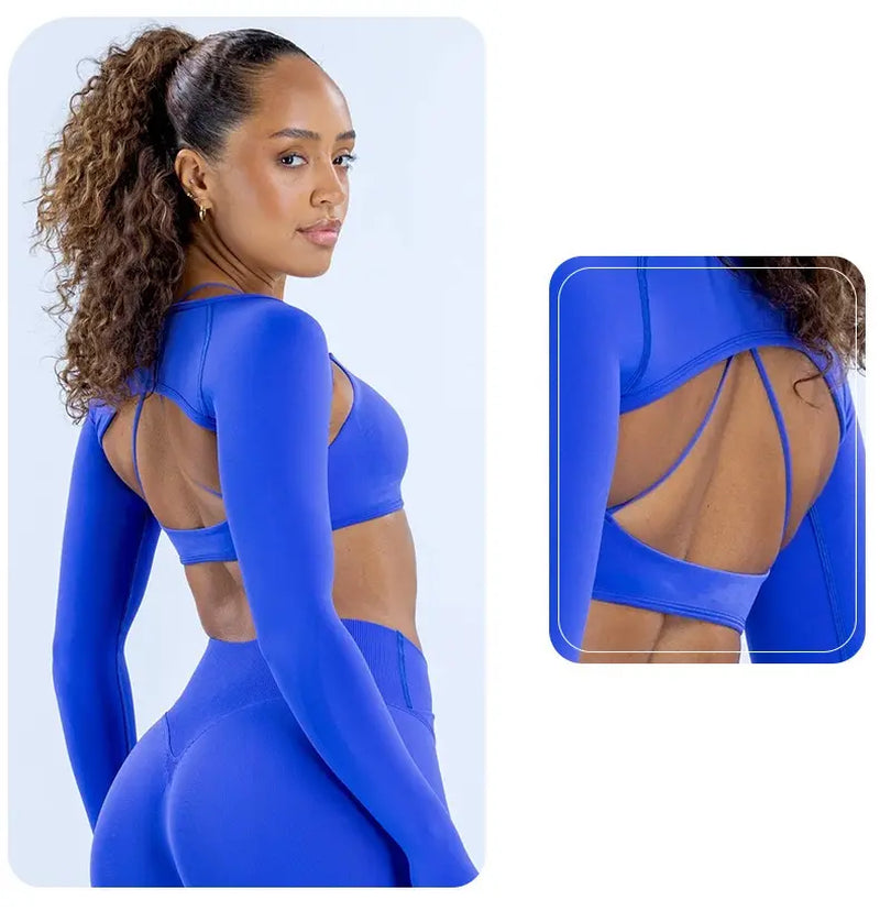 （With Logo）Seamless 3-Piece Yoga Set: Cross Halter Sports Bra + Thumbhole Arm Shrug + V-Waist Leggings, Women’S Workout Activewear