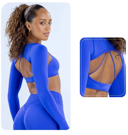 （With Logo）Seamless 3-Piece Yoga Set: Cross Halter Sports Bra + Thumbhole Arm Shrug + V-Waist Leggings, Women’S Workout Activewear