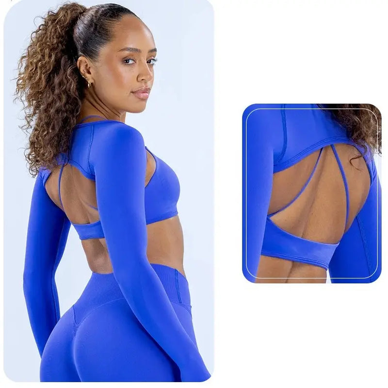 （With Logo）Seamless 3-Piece Yoga Set: Cross Halter Sports Bra + Thumbhole Arm Shrug + V-Waist Leggings, Women’S Workout Activewear