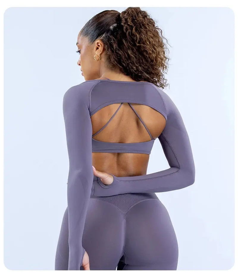 （With Logo）Seamless 3-Piece Yoga Set: Cross Halter Sports Bra + Thumbhole Arm Shrug + V-Waist Leggings, Women’S Workout Activewear