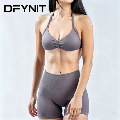 Women’S Influencer-Style Sports Bra with Shoulder Straps, Open Back, Padded Design, Shock Absorption, Suitable for Workouts, Fitness, and Yoga, Removable Pads Included; New Women’S Sports Yoga Set: High-Waisted Compression Shorts and Tank Top, Ideal for S