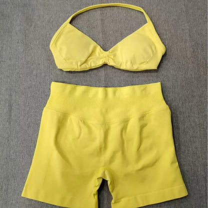 Women’S Influencer-Style Sports Bra with Shoulder Straps, Open Back, Padded Design, Shock Absorption, Suitable for Workouts, Fitness, and Yoga, Removable Pads Included; New Women’S Sports Yoga Set: High-Waisted Compression Shorts and Tank Top, Ideal for S