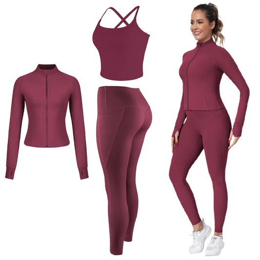 2026 New 3-Piece Workout Set - Adjustable Straps Sports Bra + No Front Seam & Butt Lifting Leggings with Pockets + Concealed Full Zip Jacket with Collar Shield – Women’S Yoga Outfit Activewear for Gym Running Training Sportswear