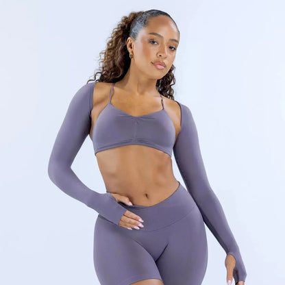 （With Logo）Seamless 3-Piece Yoga Set: Cross Halter Sports Bra + Thumbhole Arm Shrug + V-Waist Leggings, Women’S Workout Activewear